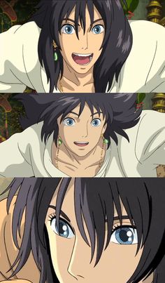 two anime characters with blue eyes and black hair, one is smiling at the camera