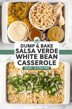 the ingredients for dump and bake salsa verde white bean casserole