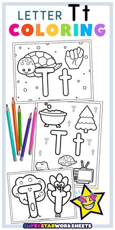 the letter t is for coloring and it has pictures of mushrooms, trees, and other things