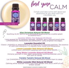 an advertisement for lavender essential oil with the words, find your calm and 5 bottles