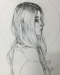 a drawing of a woman with long hair and a halo around her neck, looking to the side