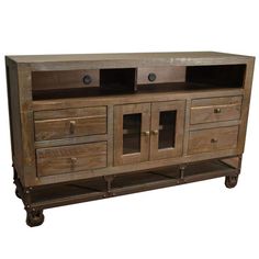 a large wooden cabinet with two drawers and three doors on the front, one door open