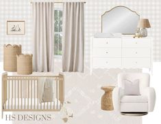 a baby's nursery room is shown in beige and white with checkered wallpaper