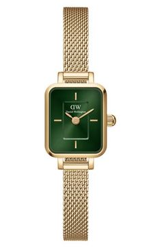 The retro square watch gets redefined as this compact rectangular design cleanly styled with stick indexes, a sunray dial and two sharp hands. 15mm x 18mm case Safety clasp closure Quartz movement Stainless steel with goldtone plate Made in Japan Green Watches With Rectangular Dial And Analog Display, Modern Green Watch With Rectangular Dial, Classic Rectangular Watch With Analog Display, Timeless Rectangular Watch With Adjustable Fit, Timeless Adjustable Rectangular Watch, Classic Rectangular Analog Watch, Modern Green Watch Accessories With Rectangular Dial, Gold Rectangular Watch With Analog Display, Gold Rectangular Analog Watch Accessories