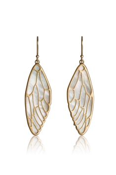 Cicada Wing Earrings in 14k gold and White Mother of Pearl Elegant 14k Gold Wing-shaped Jewelry, Luxury 14k Gold Ear Wire Earrings, Sterling Silver Yellow Gold Earrings With High Luster, Yellow Gold Sterling Silver Earrings With High Luster, Wing Earrings, Mother Pearl, Mother Of Pearl, Drop Earrings, Gold