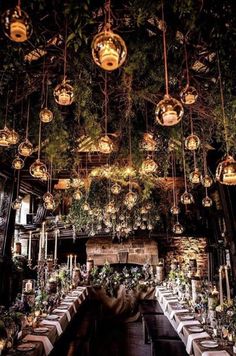 an indoor dining area with tables and lights hanging from the ceiling, surrounded by greenery