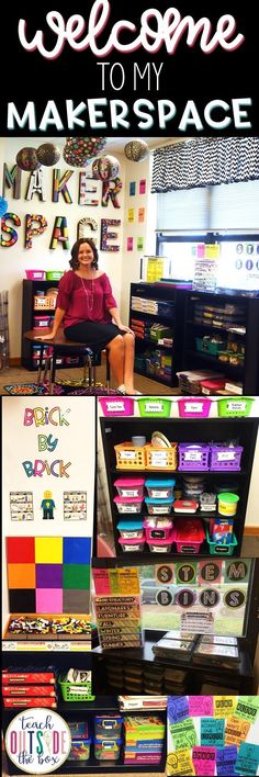 a woman sitting in a chair next to a sign that says welcome to my makerspace