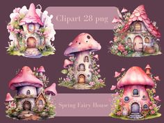 a set of four fairy houses with pink roofing and flowers on the front, one in