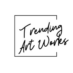 the words trending art works written in black ink on a white background with a square frame