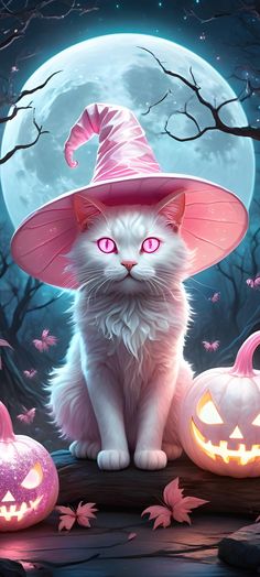 a white cat wearing a pink witches hat sitting next to two jack o lantern pumpkins