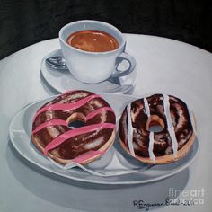 two doughnuts on a plate next to a cup of coffee