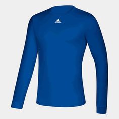 a long sleeved blue shirt with white logo on the chest