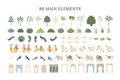 an illustrated set of different types of trees and animals, with text that reads 30 main elements