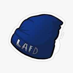 a blue beanie sticker with the word lafd on it's side