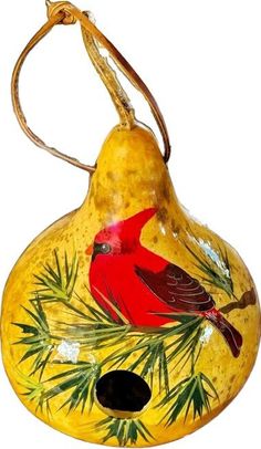 CARDINAL BIRDHOUSE - Amish Hand Painted Winter Pine Gourd Bird House USA Amish Homestead, Gourd Birdhouses, Old Order, Winter Cardinal, Painted Gourds, Nature Inspired Decor