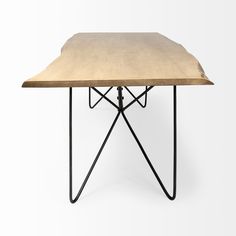 a wooden table with black metal legs and a wood top on an isolated white background