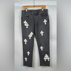 Chrome Hearts X Levi's Denim Jeans Cross's On Front And Back Of Jeans Distressed Style Hem No Stretch In Denim Button Up Style Jeans Chrome Heart Logo On Back Pocket Condition: Excellent, Some Wear In Some Of The Cross's Bundle Two Or More Times To Save Feel Free To Comment If You Have Any Questions! Open To Offers Chrome Cross Jeans, Chrome Heart Jeans Outfit Men, Chrome Of Hearts Jeans, Chrome Heart Pants, Chrome Hearts Jeans, Chrome Hearts Pants Jeans, Black Chrome Hearts Jeans, Levis Denim, Heart Logo