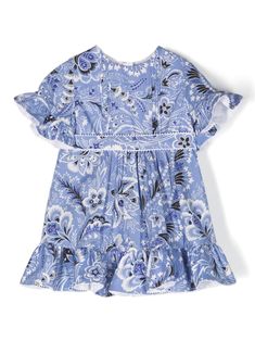 blue/multicolour cotton poplin texture all-over floral print pleat detailing strap detailing picot trim round neck concealed rear zip fastening short sleeves flared hem Etro Dress, Peplum Designs, Blue Cotton Dress, Designer Dresses For Kids, Cotton Poplin Dress, Girls Blue Dress, Printed Cotton Dress, Round Neck Dresses