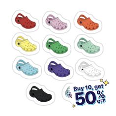 a bunch of shoes that are for sale on a white background with the words buy 10 get 50 % off