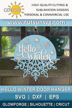 an advertisement for a winter door hanger with snowflakes on it and the words hello