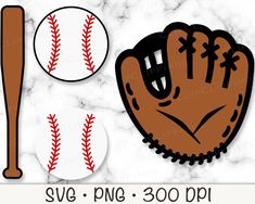 a baseball bat, ball and glove on a marble background with the words svg png