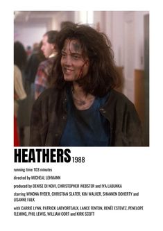 an advertisement for the movie heathers, featuring a man with long hair and blood on his face