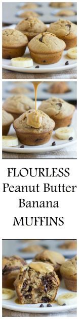 banana muffins are being drizzled with peanut butter on top and bottom