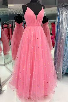 Princess A-line Hot Pink Tulle Long Prom Dress Pink Long Prom Dress, Colorful Pearls, Tulle Long Prom Dress, Prom Dresses Long Pink, Pink Prom, Vestidos Prom, Pink Tulle, Linnet, Stretch Satin