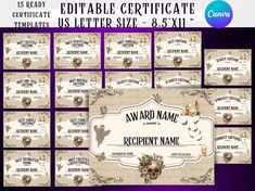 a set of eight certificates with the name and number of each item on them