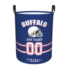 a blue football bucket with the name and number on it, that says buffalo any name