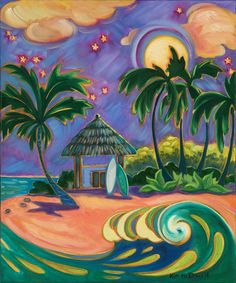 a painting of a beach scene with palm trees and a hut