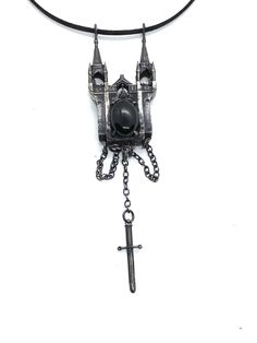 Cathedral And Black Onyx Scrying Necklace Bronze – Julian The 2nd Black Fantasy Pendant Necklace, Fantasy Black Pendant Necklace, Gothic Black Necklace For Fantasy Events, Black Gothic Necklace For Fantasy Events, Gothic Collectible Pendant Necklace, Gothic Collectible Pendant Jewelry, Collectible Gothic Pendant Jewelry, Collectible Gothic Pendant Necklace, Black Gothic Jewelry For Fantasy Events