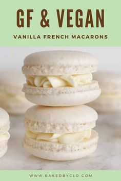 three macarons stacked on top of each other with the words gf and vegan written above them