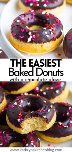 chocolate covered donuts with sprinkles are on a white plate and the words, the easier baked doughnuts with a chocolate glazed glaze