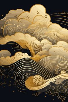 an abstract painting with waves and clouds in gold, black and white colors on a dark background