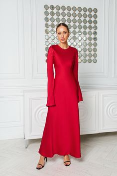 Fabric: Satin Viscose 35%, Polyester 35%, Cotton 20% Nylon 10% Long sleeve Backless Maxi length Red Gala Dresses Long Sleeve, Red Gala Dresses, Gala Dresses Long, Red Long Sleeve Maxi Dress, Red Dress Formal, Maxi Satin Dress, Satin Fashion, Wear Store, Satin Long Sleeve