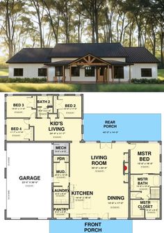 two story house plans with garage and living room in the middle, one bedroom on each floor