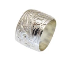 "Width: 15mm (approx. 5/8\"). Design: hand engraved Plumeria scrolling. Weight: approx. 8.7 grams. Stamp: 925" Luxury Carved Sterling Silver Engraved Ring, Silver Engraved Flower Ring In Sterling Silver, Engraved Sterling Silver Flower Ring For Wedding, Silver Engraved Carved Ring Collectible, Plumeria Ring, Hawaiian Plumeria, 925 Jewelry, Girls Jewelry, Hand Engraving