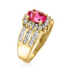 Ross-Simons - C. 1980 Vintage 1.70ct Pink Tourmaline, .75ct t. w. Diamond Ring Oval Cut Size 7. C. 1980. Garnishing your ensemble with a pop of fresh color makes it truly memorable. This glamorous Estate collection ring features a rosy 1.70 carat oval pink tourmaline highlighted by .75 ct. t. w. round brilliant-cut diamonds in white rhodium, which comprise the shimmery halo and three-row design striping the wide, tapered band. 7/16" wide. Diamond and pink tourmaline ring. Exclusive, one-of-a-kin Classic Pink Cluster Ring For Formal Occasions, Classic Pink Cluster Ring With Prong Setting, Classic Pink Cluster Ring For Anniversary, Classic Pink Topaz Ring For Anniversary, Classic Pink Birthstone Ring For Formal Occasions, Big Diamond Engagement Rings, Diamond Ring Oval, Pink Tourmaline Ring, Fresh Color