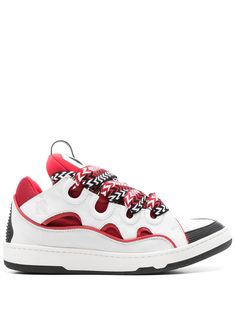 white/red/black calf leather panelled design mesh panelling suede panelling round toe perforated toebox logo patch at the tongue pull-tab at the tongue branded insole rubber sole front lace-up fastening Lanvin Curb Sneakers, Design Sneakers, Lanvin Sneakers, Lanvin Shoes, Leather Cap, Sneaker Wedge, Sneaker Heels, Tory Burch Shoes, Pull Tab