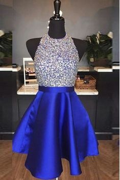 Elegant Halter Short Royal Blue Homecoming Dress Satin Prom Dress Short, Royal Blue Satin Dress, Royal Blue Homecoming Dress, Wedding Dresses Near Me, Satin Prom Dresses, Blue Satin Dress, Dress Display, Blue Homecoming Dresses, Emerald Green Dresses