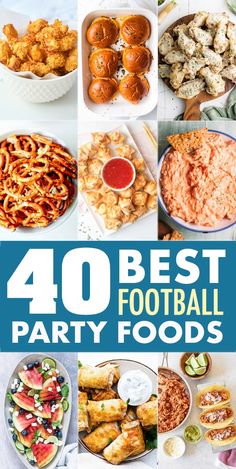 These Easy Football Party Food Ideas are what you need to host the perfect party! Includes party snacks, party appetizers, easy dips, pinwheels, cheese balls, finger foods, drinks, entrees, and desserts that are all easy to make. Use this list for your next holiday party, Superbowl recipes, Tailgate Recipes, Football recipes, or anytime you need to feed a crowd. Get the Football Recipes #partyfood #appetizers #fingerfood #snacks #football #superbowl Foot Ball Party Foods, Football Hosting Food, Sides For Football Party, Football Food Ideas Snacks, Recipes For Party Food, Tailgate Appetizers Crowd Pleasers, Food Ideas For Football Party, Appetizer For Football Party, Football Draft Party Food