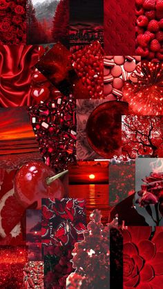 a collage of red and black images with hearts, flowers, berries, and leaves