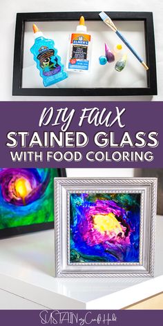 an art project with food coloring on it and the words, my faux stained glass with food coloring