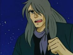 an anime character with long gray hair pointing to the side and wearing a scarf around his neck