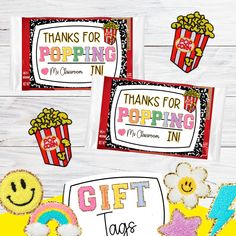 three thank you gift tags with popcorn bags