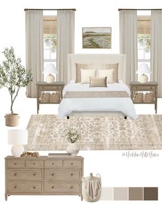 a bedroom is shown with neutrals and whites