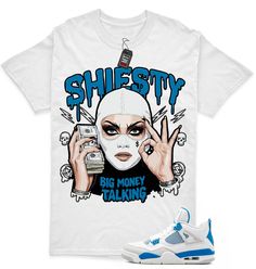 Jordan 4 Military Blue Matching Shirts, Money Talking Tee Match Military Blue 4s Custom Tees made to match your sneakers! The perfect shirts for matching your shoes with your outfit. This t-shirt is made to go with the Jordan 4 Military Blue. Shipping: * Items ship within 1-3 business days. * Tracking information included! * Please verify your shipping address is 100% accurate during checkout. The unisex heavy cotton tee is the basic staple of any wardrobe. It is the foundation upon which casual Military Blue 4s Outfit Girl, Jordan 1 Mid Wolf Grey, Jordan 4 Military Blue, Military Blue 4s, Blue 4s, Sneaker Match Tees, Money Talks, Matching Jordans, Jordan 1 Mid