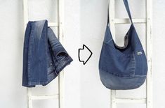 an old pair of jeans hanging on a wall next to a handbag that has been turned into a purse