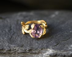 Gold Amethyst Ring set with Natural Amethyst in a perfect diamond cut, flawless clarity & purple color, sourced from Brazil, at 10x8mm each, 3 Carats. Gold Flower Ring in Bohemian design made of Solid 925 Sterling Silver ☞ made to last **The ring is plated with 18k Gold (the thickest plating - 3 Micron) over Solid 925 Sterling Silver. Matching Earrings & Matching Pendant - please ask me February Birthstone - Genuine & Natural Stones ❀ ⌛ Last ring left ⌛ ❀ Each Natural Gem is unique & will have S Amethyst Ring Vintage, Gold Leaf Rings, Gold Amethyst Ring, Natural Emerald Rings, Gold Flower Ring, Emerald Ring Gold, Branch Ring, Bohemian Ring, Amethyst Gold